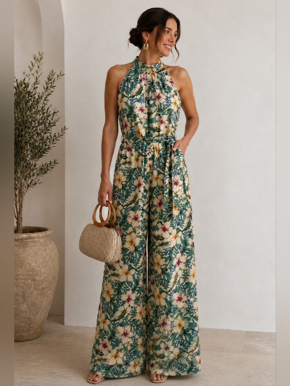 Zara Tropical Floral Halter Wide Leg Jumpsuit Belted Size S